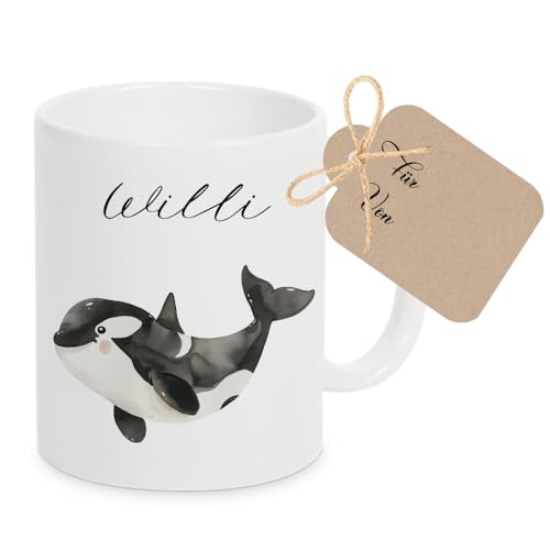 Manufaktur Liebevoll Tasse mit Namen Kinder Kindertasse mit Namen Becher Keramik Mädchen Junge Namenstasse Orca Wal Geschenk von Manufaktur Liebevoll