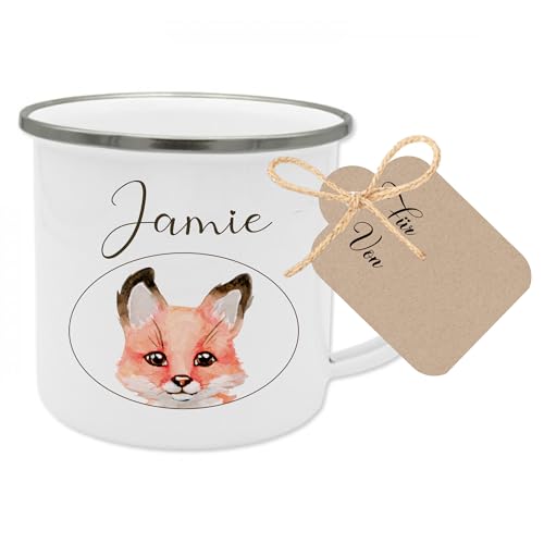 Manufaktur Liebevoll Emaille Tasse Kinder Geschenk personalisiert Fuchs Kindertasse Geschenk mit Name Geburtstagsgeschenk (Motiv “Jamie Fuchs”) von Manufaktur Liebevoll