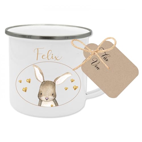 Manufaktur Liebevoll Emaille Tasse Kinder Geschenk personalisiert Kindertasse Hase Geschenk mit Name Kinder (Motiv “Felix Hase”) von Manufaktur Liebevoll