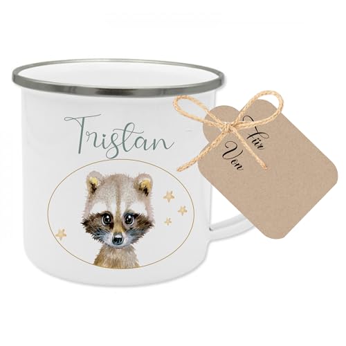 Manufaktur Liebevoll Emaille Tasse Kinder Geschenk personalisiert Kindertasse Waschbär Geschenk mit Name Kinder Geburtstagsgeschenk Tier Tasse (Motiv “Tristan Waschbär”) von Manufaktur Liebevoll