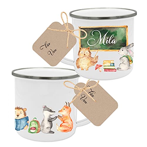 Manufaktur Liebevoll Tasse zur Einschulung mit dem Namen des Kindes und Motiv „Waldtiere I Besonderes Geschenk für Erstklässler I Geschenkidee für Mädchen und Jungen zum Schulstart von Manufaktur Liebevoll