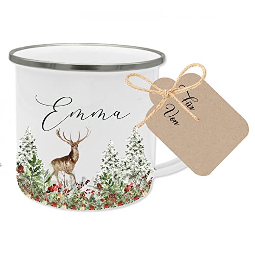 Manufaktur Liebevoll personalisierte Weihnachtstasse - Tasse mit Winterlandschaft, Namen und Elch von Manufaktur Liebevoll