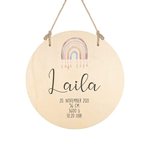 Manufaktur Liebevoll personalisiertes Namensschild aus Holz - Türschild für das Kinderzimmer - Regenbogenmotiv - Geschenk für Mädchen und Jungen (Motiv Laila Geburt) von Manufaktur Liebevoll