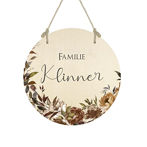 Manufaktur Liebevoll Türschild personalisiert Holz Personalisiertes Türschild Familie Namensschild personalisiert Namensschild Haustür Holz Rund Floral von Manufaktur Liebevoll