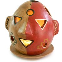 Windlicht Aus Keramik "Maske" Beige/Rot, Teelichthalter, Handmade, Nachhaltig von ManufakturManos