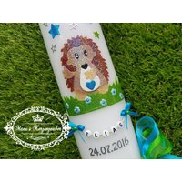 Taufkerze Igel "© Das Original" - Tk272 Junge Mädchen Buchstabenkette Farben Türkis Blau Taufe Geburt Kommunion von ManusKerzenzauber