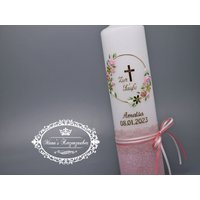 Taufkerze Vintage Für Maedchen Mit Blumenkranz Im Rustik Style Tk472-V-U Gefertigt in Liebevoller Handarbeit von ManusKerzenzauber