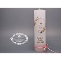 Taufkerze Vintage Für Mädchen Mit Blumenkranz Im Rustik Style in Liebevoller Handarbeit Gefertigt von ManusKerzenzauber