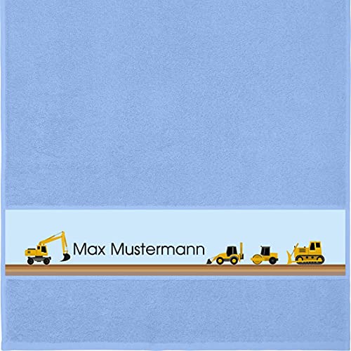 Handtuch mit Namen - personalisiert - Motiv Baustelle - viele Farben & Motive - Dusch-Handtuch - hellblau - Größe 50x100 cm - persönliches Geschenk mit Wunsch-Motiv und Wunsch-Name von Manutextur