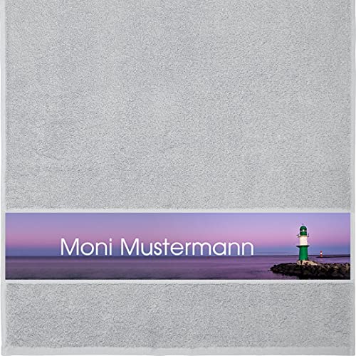 Handtuch mit Namen - personalisiert - Motiv Leuchtturm - viele Farben & Motive - Dusch-Handtuch - hellgrau - Größe 50x100 cm - persönliches Geschenk mit Wunsch-Motiv und Wunsch-Name von Manutextur