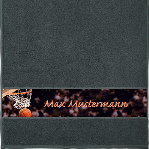 Handtuch mit Namen - personalisiert - Motiv Sport - Basketball - viele Farben & Motive - Dusch-Handtuch - anthrazit - Größe 50x100 cm - persönliches Geschenk mit Wunsch-Motiv und Wunsch-Name von Manutextur