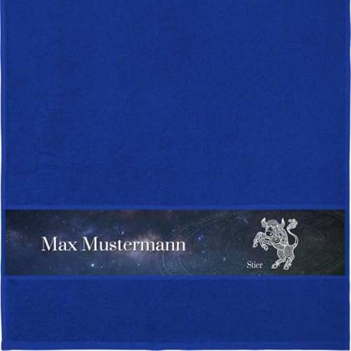 Handtuch mit Namen - personalisiert - Motiv Sternzeichen Stier - viele Farben & Motive - Dusch-Handtuch - royalblau - Größe 50x100 cm - persönliches Geschenk mit Wunsch-Motiv und Wunsch-Name von Manutextur