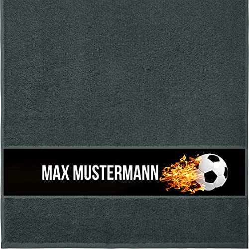 Handtuch mit Namen - personalisiert - Motiv brennender Fußball - viele Farben & Motive - Dusch-Handtuch - anthrazit - Größe 50x100 cm - persönliches Geschenk mit Wunsch-Motiv und Wunsch-Name von Manutextur