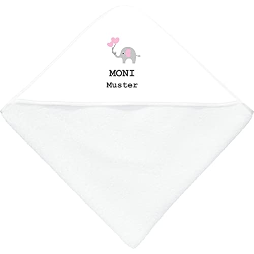 Kapuzenbadetuch mit Namen - personalisiert - Motiv Elefant rosa 2 - viele Motive - Kapuzenbadetuch- weiß - Größe 80x80 cm - persönliches Geschenk mit Wunsch-Motiv und Wunsch-Name von Manutextur