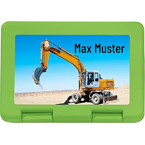 Manutextur Brotzeitbox mit Namen - Motiv Bagger 1 - personalisiert - persönliches Geschenk von Manutextur