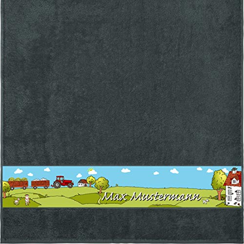 Manutextur Duschtuch mit Namen - Motiv Kinder - Bauernhof - viele Farben & Motive - personalisiert - anthrazit - Größe 70x140 cm - persönliches Geschenk von SmartSF