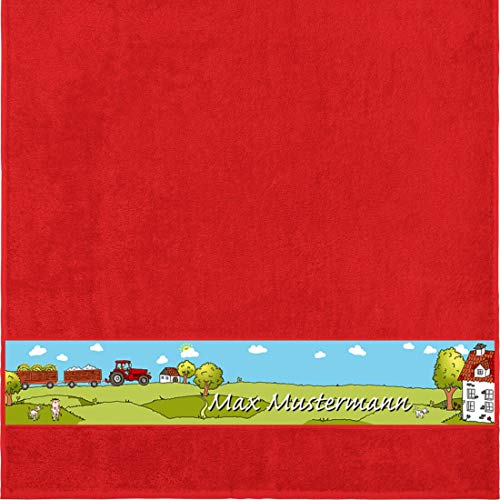 Manutextur Duschtuch mit Namen - Motiv Kinder - Bauernhof - viele Farben & Motive - personalisiert - rot - Größe 70x140 cm - persönliches Geschenk von Manutextur