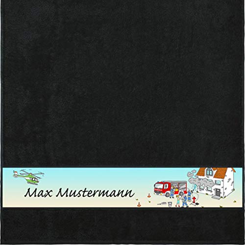 Manutextur Duschtuch mit Namen - Motiv Kinder - Feuerwehr - viele Farben & Motive - personalisiert - schwarz - Größe 70x140 cm - persönliches Geschenk von Manutextur