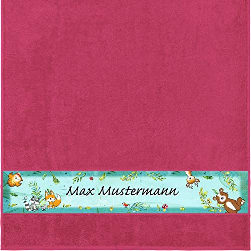 Manutextur Duschtuch mit Namen - Motiv Kinder - Wald - viele Farben & Motive - personalisiert - Fuchsia - Größe 70x140 cm - persönliches Geschenk von Manutextur