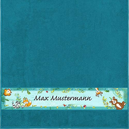 Manutextur Duschtuch mit Namen - Motiv Kinder - Wald - viele Farben & Motive - personalisiert - Petrol - Größe 70x140 cm - persönliches Geschenk von Manutextur