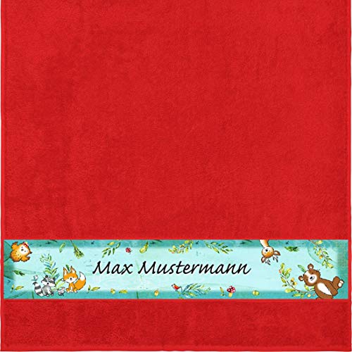 Manutextur Duschtuch mit Namen - Motiv Kinder - Wald - viele Farben & Motive - personalisiert - rot - Größe 70x140 cm - persönliches Geschenk von Manutextur