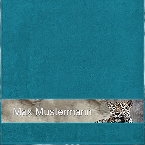 Manutextur Duschtuch mit Namen - personalisiert - Motiv Leopard - viele Farben & Tiermotiven - Dusch-Handtuch - Petrol - Größe 70x140 cm - persönliches Geschenk mit Wunsch-Motiv und Wunsch-Name von Manutextur