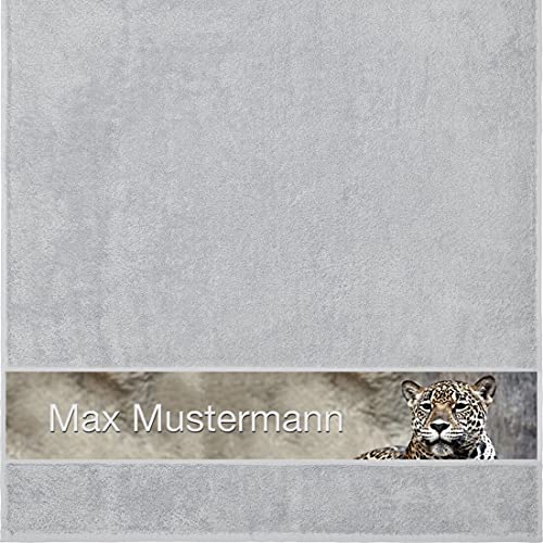 Manutextur Duschtuch mit Namen - personalisiert - Motiv Leopard - viele Farben & Tiermotiven - Dusch-Handtuch - hellgrau - Größe 70x140 cm - persönliches Geschenk mit Wunsch-Motiv und Wunsch-Name von Manutextur