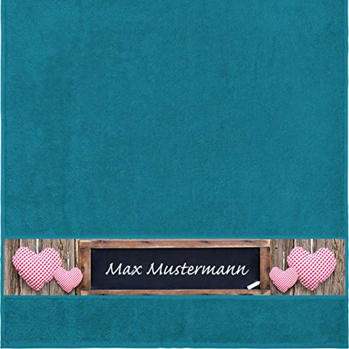Manutextur Duschtuch mit Namen - personalisiert - Motiv Liebe - Tafel - viele Farben & Motive - Dusch-Handtuch - Petrol - Größe 70x140 cm - persönliches Geschenk mit Wunsch-Motiv und Wunsch-Name von Manutextur