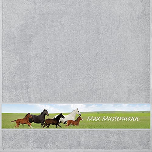 Manutextur Duschtuch mit Namen - personalisiert - Motiv Pferd 2 - viele Farben & Tiermotiven - Dusch-Handtuch - hellgrau - Größe 70x140 cm - persönliches Geschenk mit Wunsch-Motiv und Wunsch-Name von Manutextur