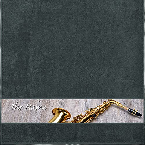 Manutextur Duschtuch mit Namen - personalisiert - Motiv Saxophon - viele Farben & Musik-Motive - Dusch-Handtuch - anthrazit - Größe 70x140 cm - persönliches Geschenk mit Wunsch-Motiv und Wunsch-Name von Manutextur
