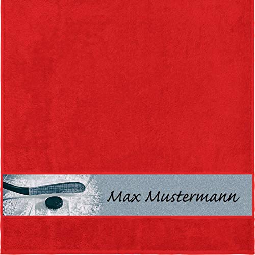 Manutextur Duschtuch Mit Namen - Personalisiert - Motiv Sport Eishockey - Viele Farben - Dusch-Handtuch - Rot - Größe 70x140 cm - Persönliches Geschenk Mit Wunsch-Name von Manutextur