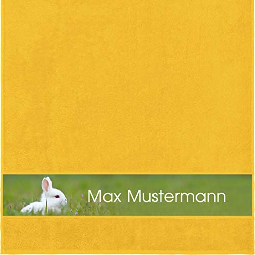 Manutextur Duschtuch mit Namen - personalisiert - Motiv Tiere - Kaninchen - viele Farben & Motive - Dusch-Handtuch - gelb - Größe 70x140 cm - persönliches Geschenk mit Wunsch-Motiv und Wunsch-Name von Manutextur