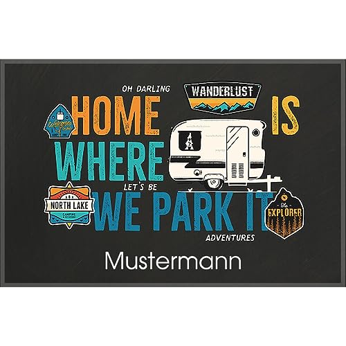 Manutextur Fußmatte mit Namen - Motiv Home is Where we Park it 1 - viele Urlaubs-Motive - Schmutzfangmatte personalisiert - Größe 40x60 cm - persönliches & individuelles Geschenk von Manutextur