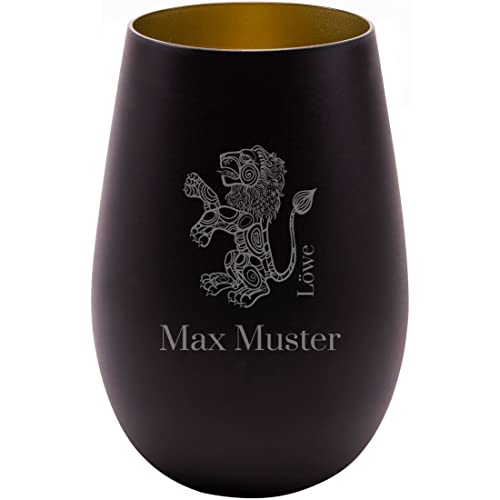 Manutextur Glas schwarz - Motiv Sternzeichen Löwe - graviert - personalisiert - persönliches Geschenk - schwarz/Gold - MotivNr 1001 von Manutextur