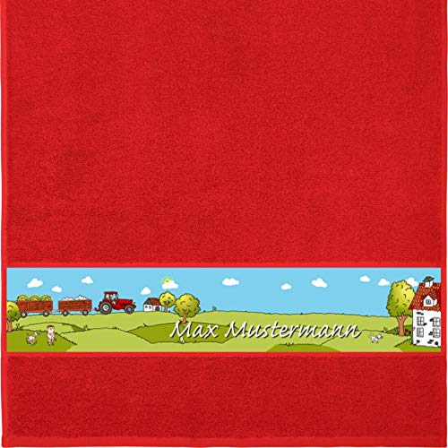 Manutextur Handtuch mit Namen - Motiv Kinder - Bauernhof - viele Farben & Motive - personalisiert - rot - Größe 50x100 cm - persönliches Geschenk von Manutextur