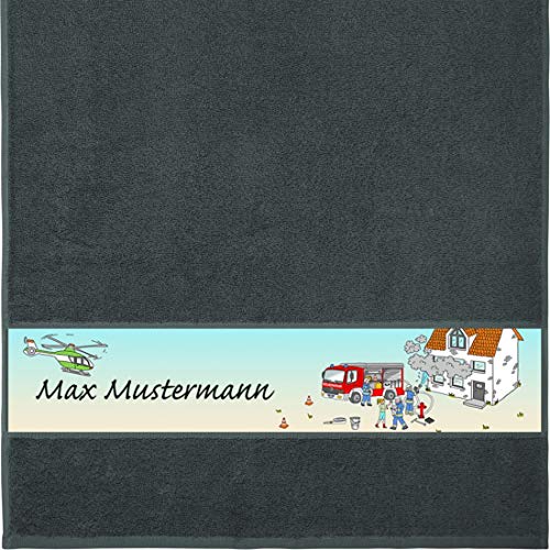 Manutextur Handtuch mit Namen - Motiv Kinder - Feuerwehr - viele Farben & Motive - personalisiert - anthrazit - Größe 50x100 cm - persönliches Geschenk von Manutextur