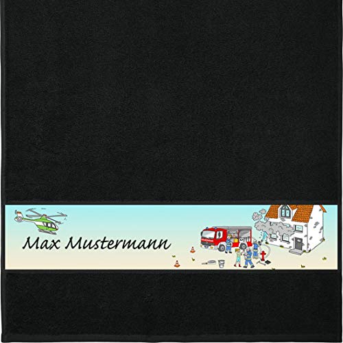 Manutextur Handtuch mit Namen - Motiv Kinder - Feuerwehr - viele Farben & Motive - personalisiert - schwarz - Größe 50x100 cm - persönliches Geschenk von Manutextur