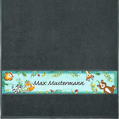 Manutextur Handtuch mit Namen - Motiv Kinder - Wald - viele Farben & Motive - personalisiert - anthrazit - Größe 50x100 cm - persönliches Geschenk von Manutextur