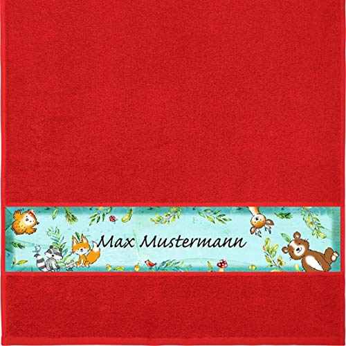 Manutextur Handtuch mit Namen - Motiv Kinder - Wald - viele Farben & Motive - personalisiert - rot - Größe 50x100 cm - persönliches Geschenk von Manutextur