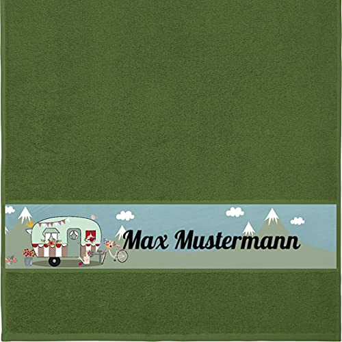 Manutextur Handtuch mit Namen - personalisiert - Motiv Camper - viele Farben & Motive - Dusch-Handtuch - dunkelgrün - Größe 50x100 cm - persönliches Geschenk mit Wunsch-Motiv und Wunsch-Name von Manutextur