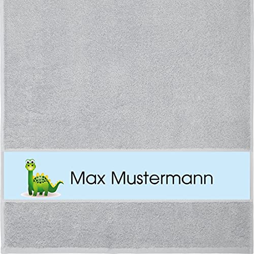 Manutextur Handtuch mit Namen - personalisiert - Motiv Dinosaurier 1 - viele Farben & Motive - Dusch-Handtuch - hellgrau - Größe 50x100 cm - persönliches Geschenk mit Wunsch-Motiv und Wunsch-Name von Manutextur
