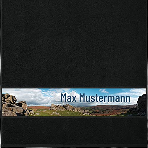 Manutextur Handtuch mit Namen - personalisiert - Motiv Hügellandschaft - viele Farben & Motive - Dusch-Handtuch - schwarz - Größe 50x100 cm - persönliches Geschenk mit Wunsch-Motiv und Wunsch-Name von Manutextur