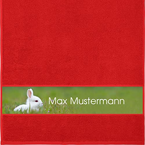 Manutextur Handtuch mit Namen - personalisiert - Motiv Kaninchen - viele Farben & Motive - Dusch-Handtuch - rot - Größe 50x100 cm - persönliches Geschenk mit Wunsch-Motiv und Wunsch-Name von Manutextur