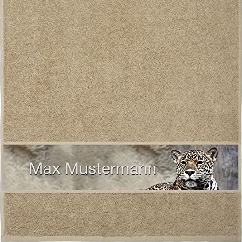 Manutextur Handtuch mit Namen - personalisiert - Motiv Leopard - viele Farben & Motive - Dusch-Handtuch - beige - Größe 50x100 cm - persönliches Geschenk mit Wunsch-Motiv und Wunsch-Name von Manutextur