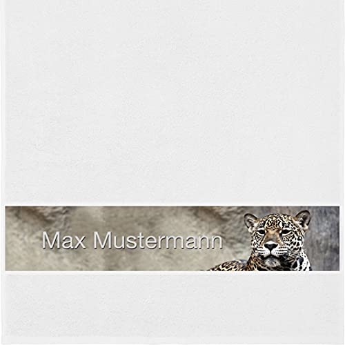 Manutextur Handtuch mit Namen - personalisiert - Motiv Leopard - viele Farben & Motive - Dusch-Handtuch - weiß - Größe 50x100 cm - persönliches Geschenk mit Wunsch-Motiv und Wunsch-Name von Manutextur