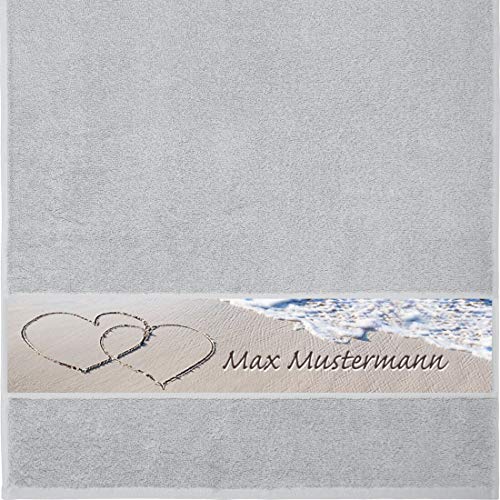 Manutextur Handtuch mit Namen - personalisiert - Motiv Liebe - Strand - viele Farben & Motive - Dusch-Handtuch - hellgrau - Größe 50x100 cm - persönliches Geschenk mit Wunsch-Motiv und Wunsch-Name von Manutextur