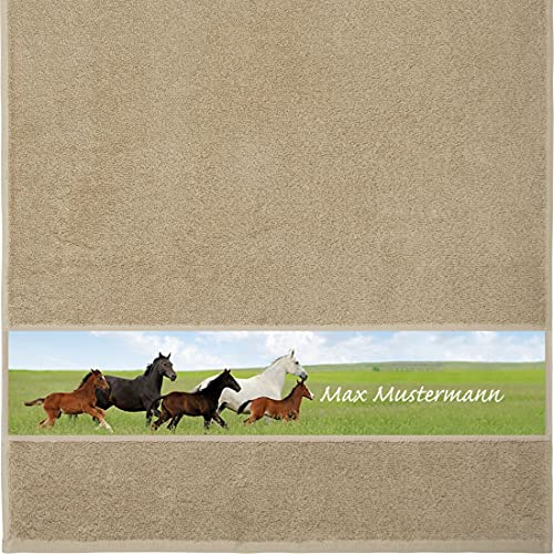 Manutextur Handtuch mit Namen - personalisiert - Motiv Pferd 2 - viele Farben & Motive - Dusch-Handtuch - beige - Größe 50x100 cm - persönliches Geschenk mit Wunsch-Motiv und Wunsch-Name von Manutextur