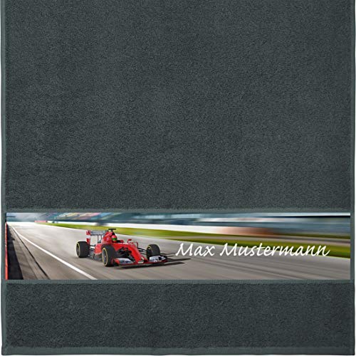Manutextur Handtuch mit Namen - personalisiert - Motiv Sport - Rennauto - viele Farben & Motive - Dusch-Handtuch - anthrazit - Größe 50x100 cm - persönliches Geschenk mit Wunsch-Motiv und Wunsch-Name von Manutextur