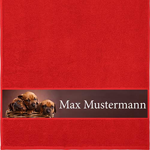 Manutextur Handtuch mit Namen - personalisiert - Motiv Tiere - Hunde - viele Farben & Motive - Dusch-Handtuch - rot - Größe 50x100 cm - persönliches Geschenk mit Wunsch-Motiv und Wunsch-Name von Manutextur