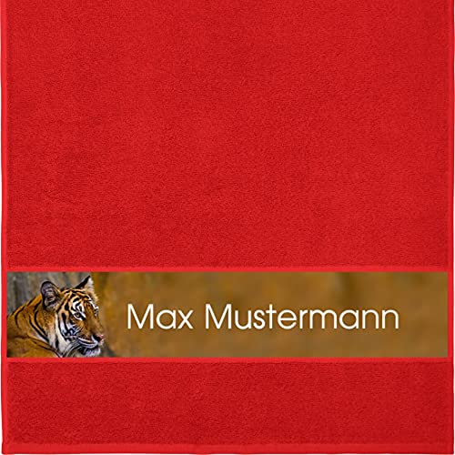 Manutextur Handtuch mit Namen - personalisiert - Motiv Tiger - viele Farben & Motive - Dusch-Handtuch - rot - Größe 50x100 cm - persönliches Geschenk mit Wunsch-Motiv und Wunsch-Name von Manutextur